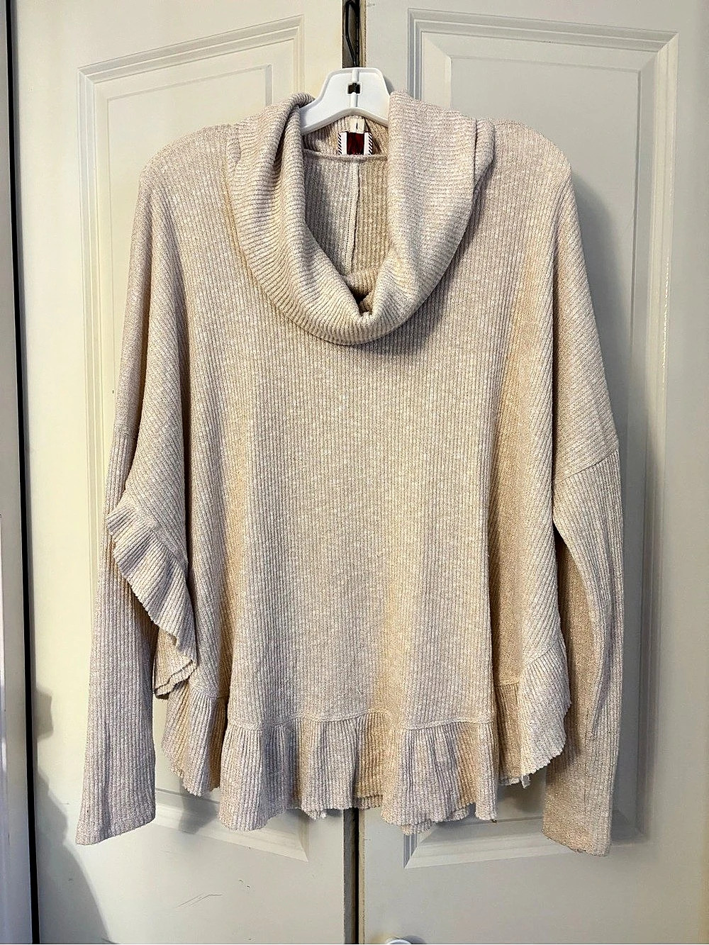 Anthropologie Orley Metallic Cream Cowl Neck Ruffle Hem Sweater